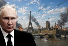 Drapeaux de la Russie, de la France et du Royaume-Uni illustrant les tensions liées à l’aide militaire à l’Ukraine